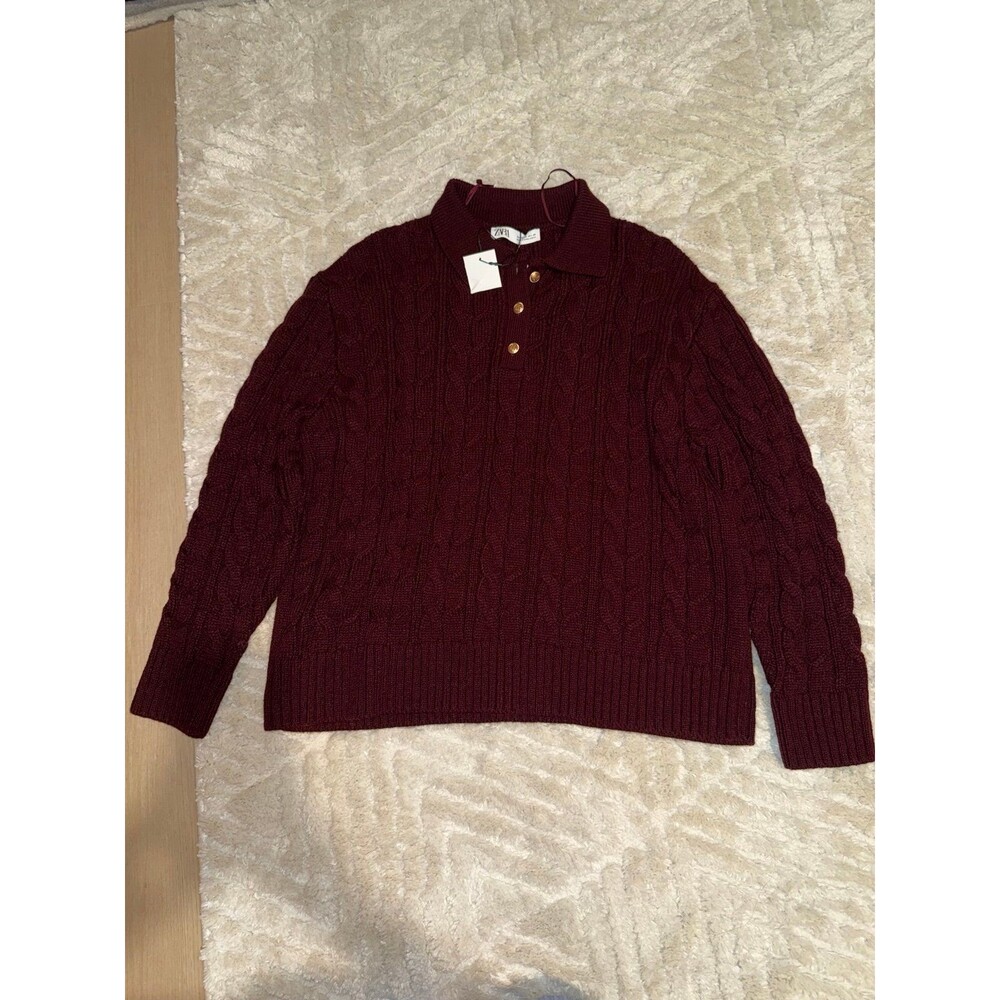 NWOT ZARA Burgundy Cable Knit Collared Sweater